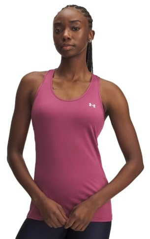 Under Armour Women's Tech Mesh Racer Tank, Breathable Pinhole Mesh Women's Vest with Classic Racer Back Design, Gym Tank Top with Shaped Hem,Fuchsia Dusk / / White,LG