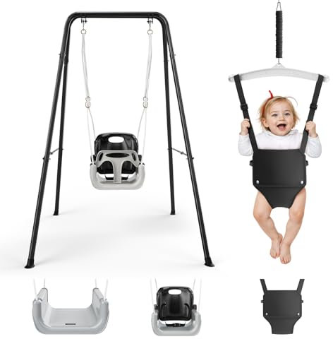 Lischwert Altalena e ponticello 4 in 1, altalena pieghevole per bambini con supporto di sicurezza, sedile posteriore regolabile, parco giochi con corda resistente, facile da montare, telaio in