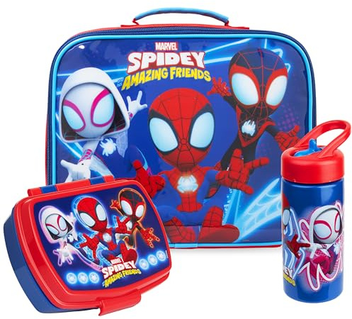 Get Trend Marvel Spidey Kids Insulated Lunch Bag 3Pc Set with Reusable Lunch Box & BPA-Free Water Bottle, Lightweight with Carry Handle & Name Card Window, Spider-Man Gifts for Boys (Multi Spidey)