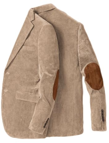Stillluxury Giacca Blazer con Toppe al Gomito da Uomo Monopetto in Corduroy Casual Giacca Sportiva con Collo a Nodo per Matrimonio e Smoking, L