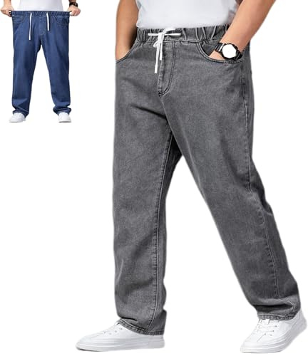 GAGFDA Jean ample à enfiler pour homme avec taille élastique et cordon de serrage en coton coupe ajustée jambe droite, gris, M