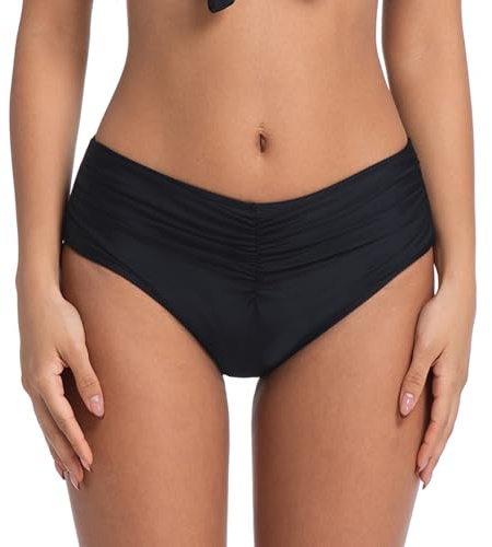 COCOPEAR Mid Rise Bathing Suit Bottoms for Women Ruched Tummy Control Swim Bottoms Full Coverage Bikini Bottoms for Women Black L
