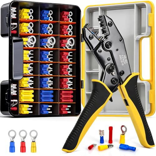 Kit de Herramientas de Crimpado, 425PCS Crimpadora Terminales Electricos, 0.5-6 mm²（AWG20-10）, Autoajustable de Trinquete, para Electricistas, Automóvil, Bricolaje y Hobby