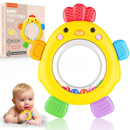 Azrra Teething Toys for Baby, Silicone Teething Rattles Ring, BPA Free, Easy to Hold, Baby Sensory Toys 0 3 6 12 24 Months, Babies Essentials for Newborn Infant Gift