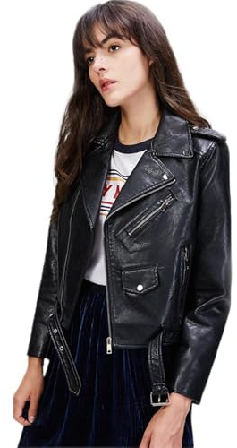 LY VAREY LIN Women's Faux Leather Motorcycle Jacket PU Slim Short Biker Coat (M, Black)