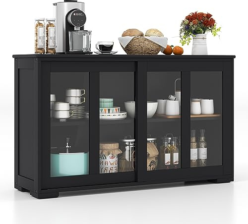 COSTWAY Armadietto da Cucina Mobile Laterale Multiuso con Ante Scorrevoli, in MDF e Vetro, 106,5 x 33 x 62,5 cm (Nero)