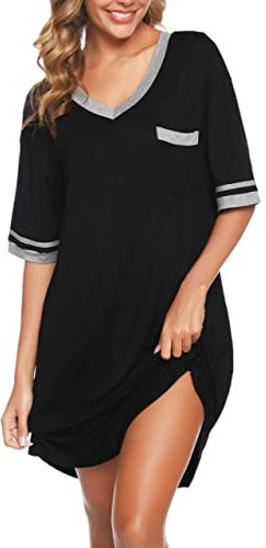 Vlazom Ladies Plus Size Jersey Nightshirts V Neck Short Sleeved Baggy PJ Nightdress Loungwear, Black, M