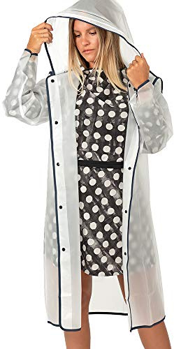 PERLETTI Impermeabile Pioggia Uomo Donna con Dettagli Riflettenti - Poncho Antipioggia Riutilizzabile Antivento Cappuccio Custodia - Mantella Montagna Trekking Adulto (Trasparente Bordo Blu, S)