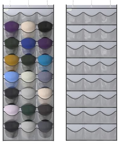 Unjumbly Baseball Hat Rack, 24 Pocket Over-The-Door Organizer With Clear Deep Pockets, Display Caps Collection, 3 Hooks, Fits 3/8 and 1 3/4 Door Width, Grey