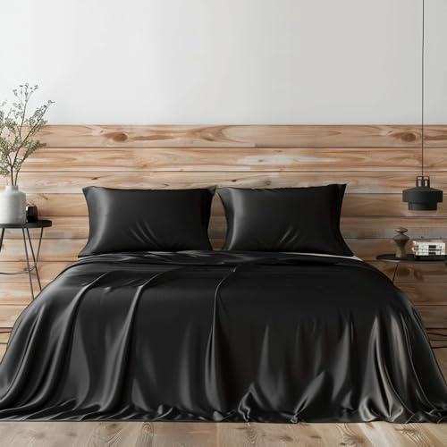 Candoury Set di lenzuola in raso di seta, per letto queen size, 4 pezzi, federe, lenzuolo e lenzuolo con angoli, morbide e resistenti, set di lenzuola di lusso da hotel (queen size, nero)