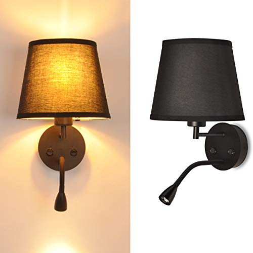 BarcelonaLED Applique murale LED E27 avec lampe de lecture orientable flexible 3 W Écran textile Interrupteur pour chambre, tête de lit, salon