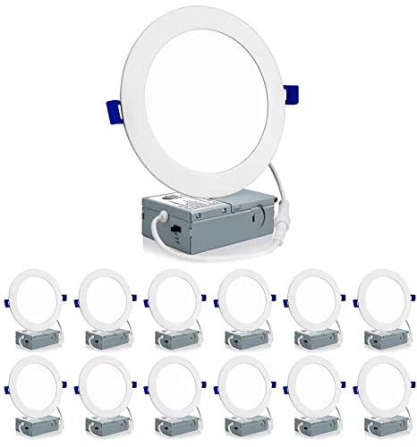 Meconard 12 Pack 6 Inch Ultra-Thin LED Recessed Ceiling Light with Junction Box, 3000K/4000K/5000K Selectable,12W=110W 1050LM High Brightness, Dimmable IC Rated Downlights, ETL and Energy Star Listed