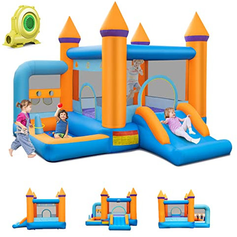 GOPLUS Château Gonflable Enfant avec Souffleur 680W, Aire de Jeux Gonflable avec Toboggan, Panier de Basket, Trampoline et Piscine,pour Intérieur/Extérieur pour Enfant 3+ Ans Jusqu’à 90KG
