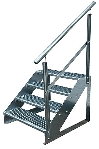 Kaminbau Mierzwa Premium trappa fristående, 4 trappräcken, höger (bredd 600 mm) (höjd 76 cm), väderbeständigt rutnät, trädgårdstrappa