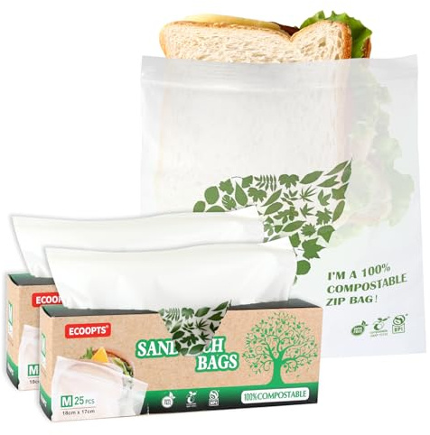 100% Compostable Large Zip Bag | Eco-friendly Food Storage | Freezer & Fridge Bag | Plant-Based BPA-free | Seal well for Fruit, Snack & More (2Pack, Sandwich Size)