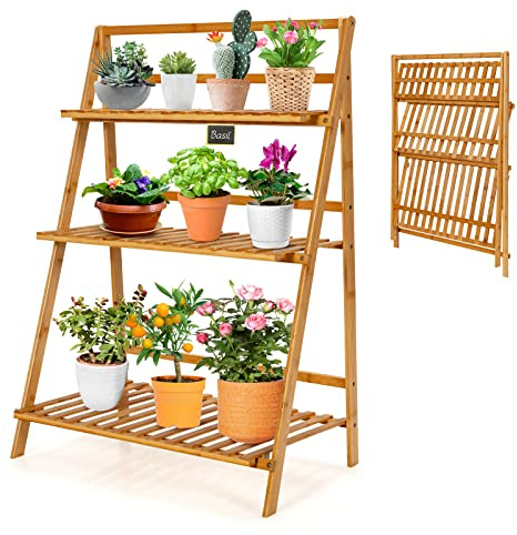 GOPLUS Estantería de 3 niveles de bambú plegable para plantas, escalera, soporte para flores, escalera de flores, para balcón, sala de estar, jardín, natural, 70 x 38 x 95,5 cm