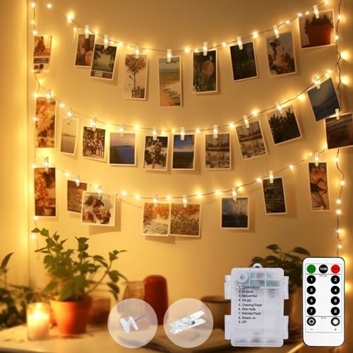 btfarm Foto Lichterkette mit Klammern Fernbedienung, 5M 50LED Fotoclips Bilder Aufhängen 8Modi Wasserdicht Timer Batteriebetrieben Fotolichterkette für Zimmer Wohnzimmer Hochzeiten Party