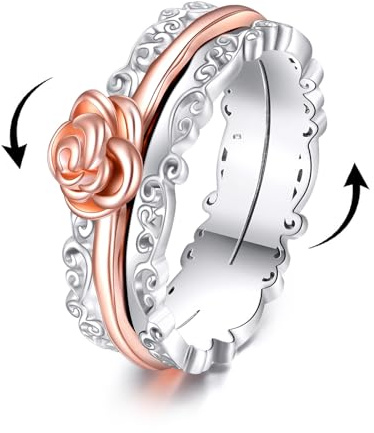 VONALA Rose Flower Fidget Rings for Anxiety 925 Sterling Silver Rose Spinner Rings for Women Worry Ring Anti Stress Mood Rings Gifts Band Wide 9#