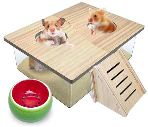 PINVNBY Hamster Sand Bath Box, Transparent Acrylic Shower, Gerbils Digging Room Container with Climbing Ladder and Ceramic Bowl, Litter Box for Hamsters Guinea Pigs Mice (Two Hole)