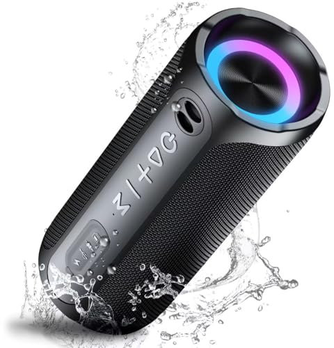 Bluetooth Lautsprecher mit Licht, Musikbox Tragbarer Bluetooth Box mit IPX7 wasserdicht, Stereo-Pairing, Eingebautes Mikrofon, 24h Akku, Perfekt für Zuhause, Draußen, Reisen, Schwarz (Schwarz)