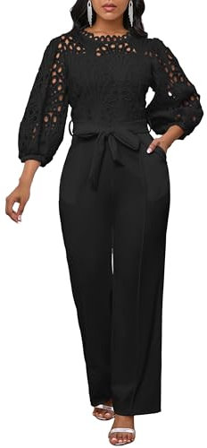 IWFEV Women's Jumpsuit Puff Sleeve Lace Jumpsuit Mid-Calf Short Sleeve Hollow Party Evening Romper with Pockets L Black