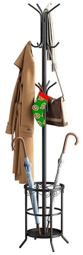 FILWH Coat Rack Freestanding with Umbrella Stand Coat Rack Stand with 12 Hooks Metal Coat Tree Coat and Hat Hanger Jacket Entryway(Black)