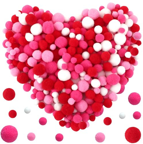 UPINS Valentine's Day Pom Poms Balls, 600 Pieces Pink Red Pom Poms Mixed Sizes Pompoms for Crafts Making DIY Wedding Valentine's Day Party Decorations Supplies (4 Colors)