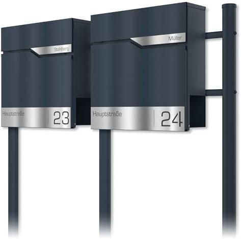 Graviers Design Standbriefkasten mit Zeitungsfach in Anthrazit RAL 7016 für 2er Mehrfamilienhaus - Briefkasten personalisierbar Edelstahl - Wandbriefkasten Briefbox mit Schloss
