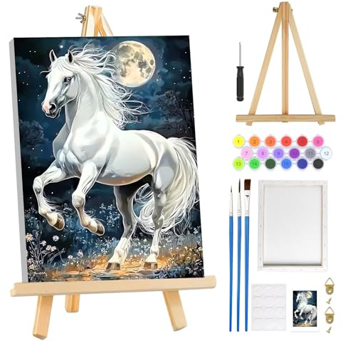 MOGTAA Pintura de caballos por números adultos con marco, pintura de paisaje lunar por números con caballete de madera, kit de pintura al óleo de bricolaje pinturas acrílicas para decoración del hogar