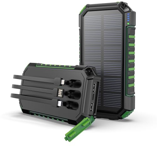 Hiluckey Power Bank Solare 27000mAh - Caricabatterie Solare Batteria Esterna con 3 Cavi, Caricatore Portatile Powerbank con 3 Porte USB C Ricarica Rapida per Telefono Cellulare Tablet (Verde)