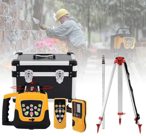 Generico Laser Rotante con Treppiede in Alluminio E Asta di Livello, Kit Livella Laser Rotante con Portata di 500M, Impermeabile IP66, modalità di Autolivellamento Manuale con Telecomando(Red Beam)
