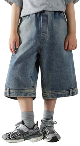 Générique Short en jean pour garçon décontracté Jambes larges Children Lastique sport solide printemps té Léger et respirant Hip Hop Y2K Streetwear Pantalon Court