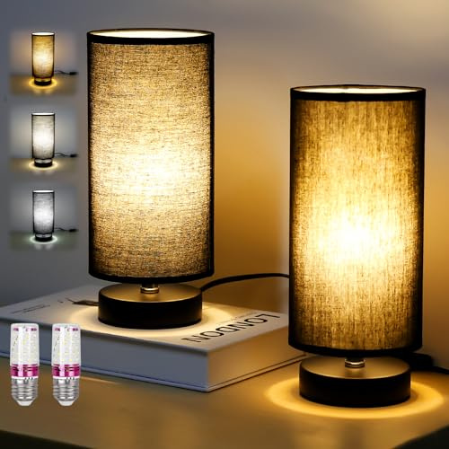 Leikurvo Nachttischlampe 2er Set, Moderne Tischleuchte mit E27 Fassung & Kabelschalter, Schwarz Nachttischleuchte mit Lampenschirm für Schlafzimmer, Wohnzimmer, Büro, Kinderzimmer (Birne inklusive)