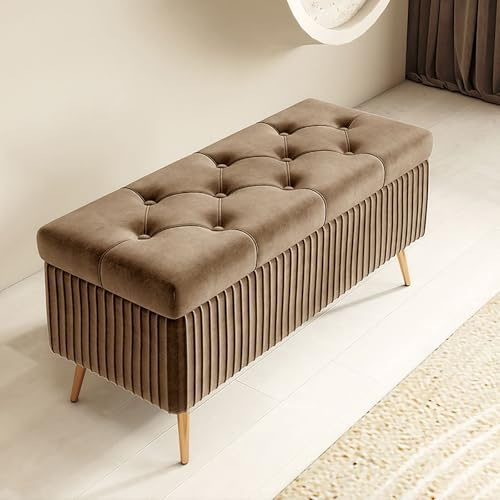 FBNMG Cassapanca in Velluto, Panca Contenitore Imbottito in Spugna, Poggiapiedi in Legno Massello, Panca Scarpiera per Soggiorno Camera da Letto Spogliatoio Ingresso(Width 31.5in/80cm, Light Brown)