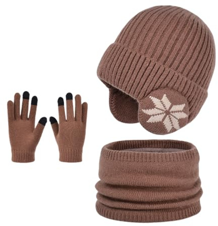 Enwokran Niños Conjunto Gorro de Punto Bufanda Guantes Set 3 en 1, Invierno Cálidos Beanie con Orejeras Caliente Bufanda Pantalla Táctil Guantes para Niños Niñas 4-10 Años (Marrón)