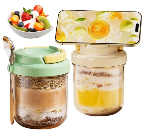 Overnight Oats Jar，Tapas para Tarros de Cristal Con Cuchara Integrada y Función de Soporte para El Móvil, Aptas para Avena, Yogur, Mermelada, Cereales, Ensalada, Pudín y Gachas. 430 Ml, 2 Unidades.