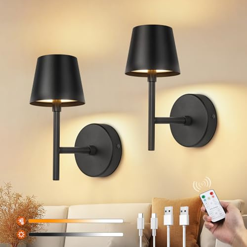 Ketom Rechargeable Wall Lights Set of 2, Battery Operated Wall Lights Black with Remote, 3 Color Temperature & Dimmable, Timer Function, Wireless Sconces for Living Room Bedroom Hallway Night Light