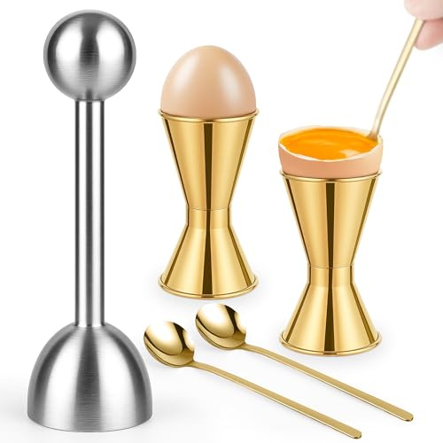 wayofcha Egg Cups For Soft Boiled Eggs Set Of 5 - Includes 1 Stainless Steel Egg Cutter & 2 Egg Spoons & 2 Soft Boiled Egg Holder, Effortless & Precise Cracking - For Breakfast, Afternoon Tea, Parties