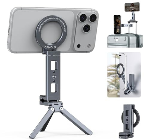 Magnetic Phone Tripod,360°Rotating Adjustable Travel Tripod Mount,Foldable Cell Phone Stand with Clip&1/4 Screw for iPhone 17/16/15/14/13/12 Pro Max&Magsafe Tripod,Fits Gym,Vlog,Travel,Kitchen