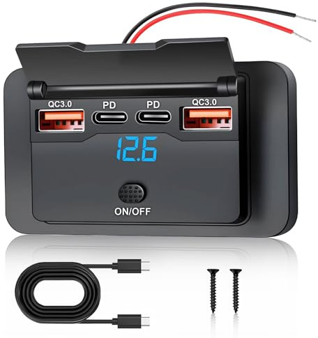 SRunDe 76W 4 Porte Presa USB per Auto 12V Doppio 36W PD e Doppio 18W QC3.0 con Interruttore Pulsante Montaggio Superficie Leggero Integrabile Ricarica Rapida per Camper Camion Barche Autobus RV 12-24V
