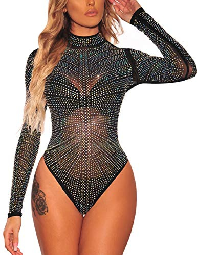 SEBOWEL Mujeres Sexy Body de Malla Transparente Diamante de Imitación Ver a Través de Leotardo de Manga Larga Mono Tops Blusa Ajustada Camiseta (L, Negro)