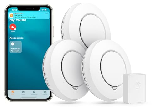 Meross Détecteur de Fumée Interconnecté (avec HUB), Lot de 3 Détecteur de Fumée Intelligent Compatible avec Apple HomeKit, Alarme Incendie avec Pile Remplaçable, Notification d'Alerte par App