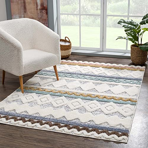 carpet city Alfombra de pelo largo para salón, 140 x 200 cm, estilo bohemio étnico, crema multi, corte de bucle, muy profunda, efecto 3D, mullida y suave para dormitorio