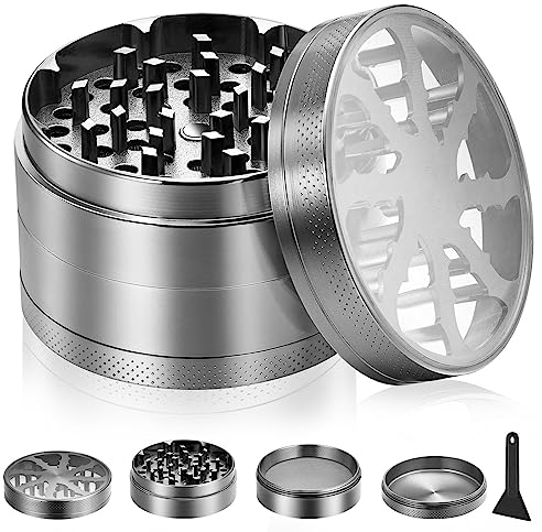 Anpro 2.5'' Clear Herb Grinder Premium Zinc Alloy - 4 Piece Portable Metal Grinder with Transparent Magnetic Top Cover, Mesh Screen, Pollen Scraper - Grey