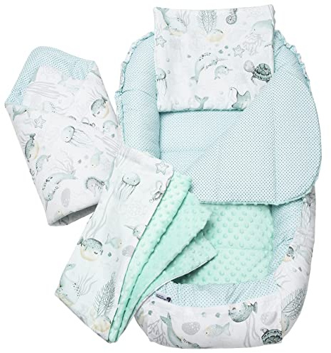 Medi Partners Babynest Nestchen Baby Set für Neugeborene - 100x60x15 Kuschelnest 5 teilig tragbar Nest zweiseitig Babynestchen Bett 100% Baumwolle (Ozean mit Minze Minky)