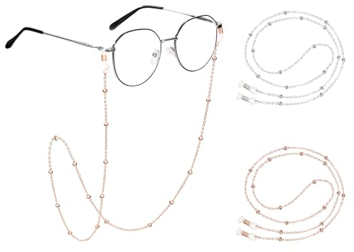 HOLEMZ Brillenkette für Damen 2 Stücke Perlen Brillenband Schlüsselband Um den Hals Aufhänger Gesichtsmaske Riemenhalter für Mädchen Frauen Dekorativ Zubehör Roségold Silber