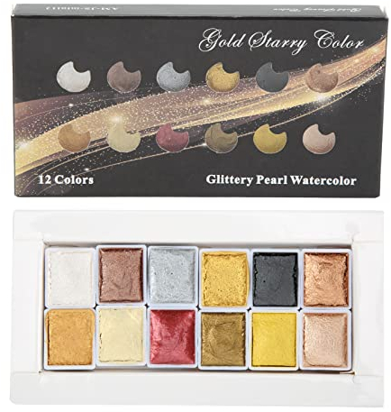 Aquarellfarben-Set, 12-teiliges Metallic-Farbsystem, Ungiftig und Einfach zu Verwenden, Hochwertige Pigmente, Schön Verpackt, Tragbar und Praktisch für die Kunstmalerei-Maniküre