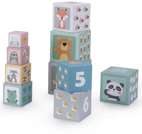 mamabrum Torre Impilabile per Bambini - Set da 10 Cubi di Cartone con Numeri e Animali, Giocattoli Educativi per l'Impiego Creativo
