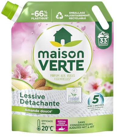 Maison Verte - Recharge Lessive Liquide - Parfum aux Huiles Essentielles - Lessive Détachante - Amande Douce - Peaux Sensibles - Efficace dès 20°C - 5 Enzymes Actives d'Origine Naturelle - 33 Lavages