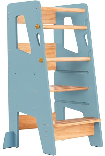 OCODILE Toddler Standing Tower, Adjustable Height Kitchen Step Stool for Toddlers, Anti-Tip Safety Feet, Non-Slip Steps, Wooden Montessori-Inspired Counter Stool, Blue